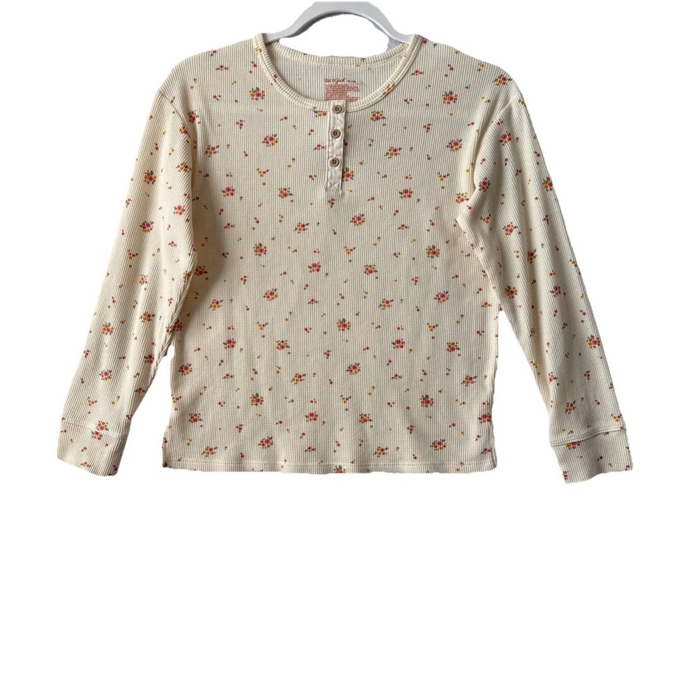 Cat & Jack Yellow Floral Henley Cozy Waffle Knit Top Girls XL Cottagecore Boho